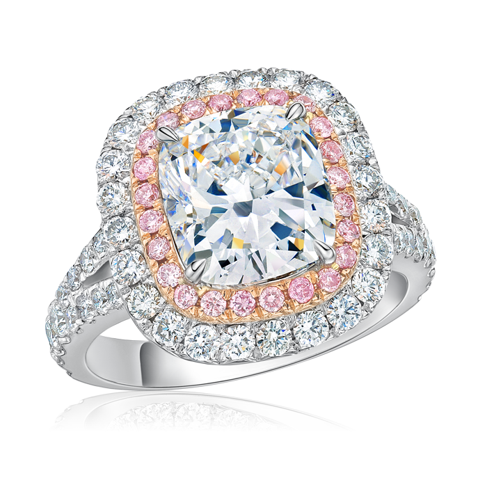 18K白色黄金方形粉紅鑽白鑽鑽石戒指