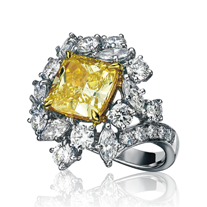 18K白色黄金方形黃鑽鑽石花環戒指