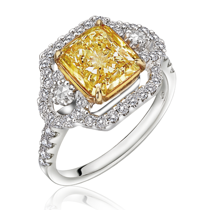 18K白色黄金方形黃鑽鑽石戒指